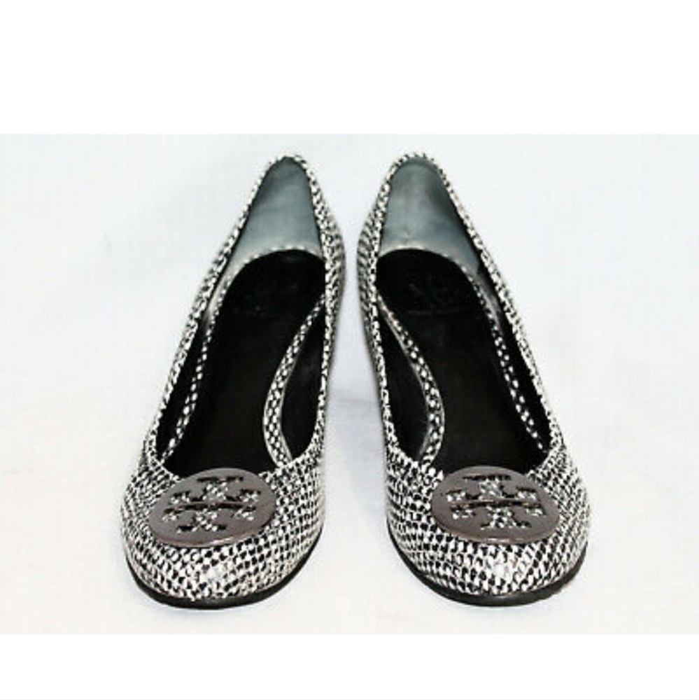 Tory Burch Black and White Woven Logo Wedges